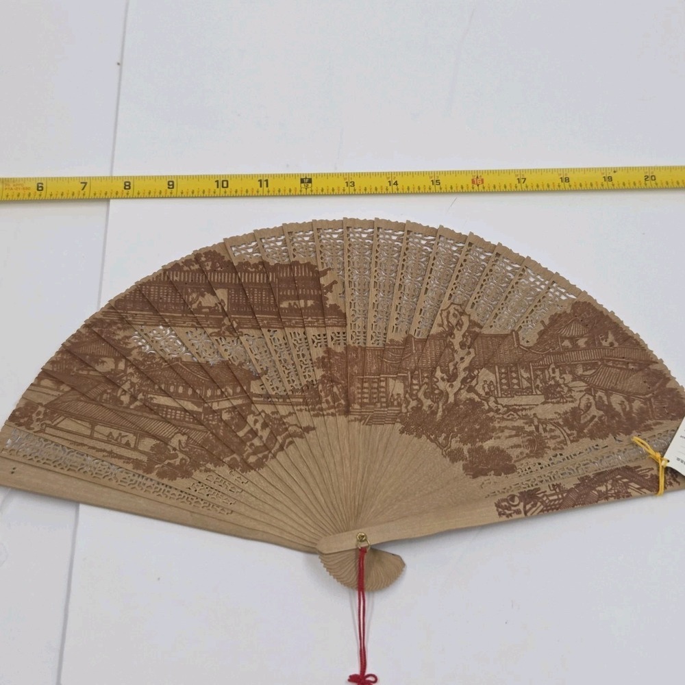 Vintage Chinese Sandalwood Folding Fan Hand Carved Suzhou Landscape Boxed Tassel